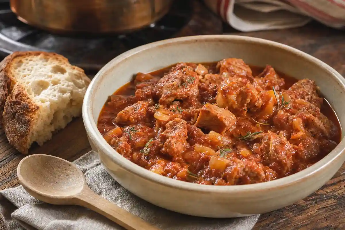 Spezzatino di maiale al pomodoro in ciotola con pane rustico e cucchiaio di legno su tavolo in legno