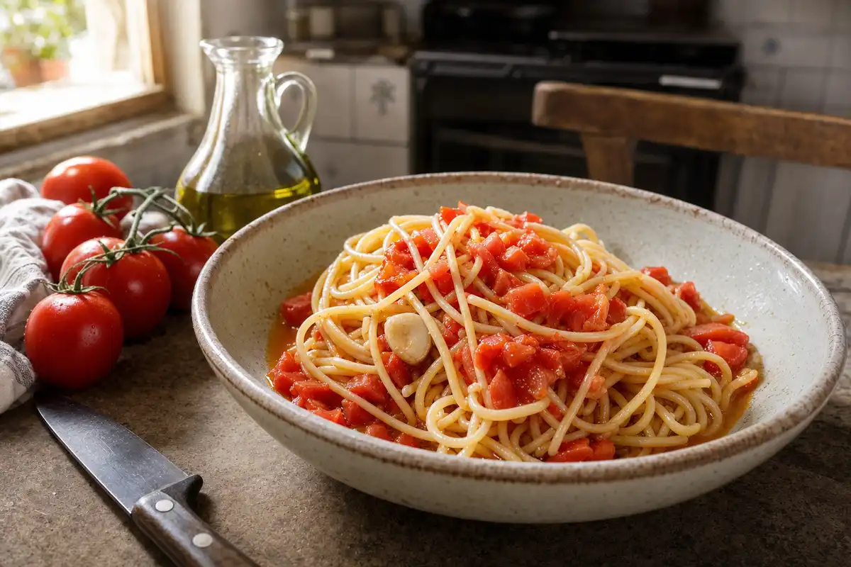 Spaghetti con pomodori crudi e spicchio d’aglio in ciotola rustica, con olio d’oliva e pomodori sul tavolo