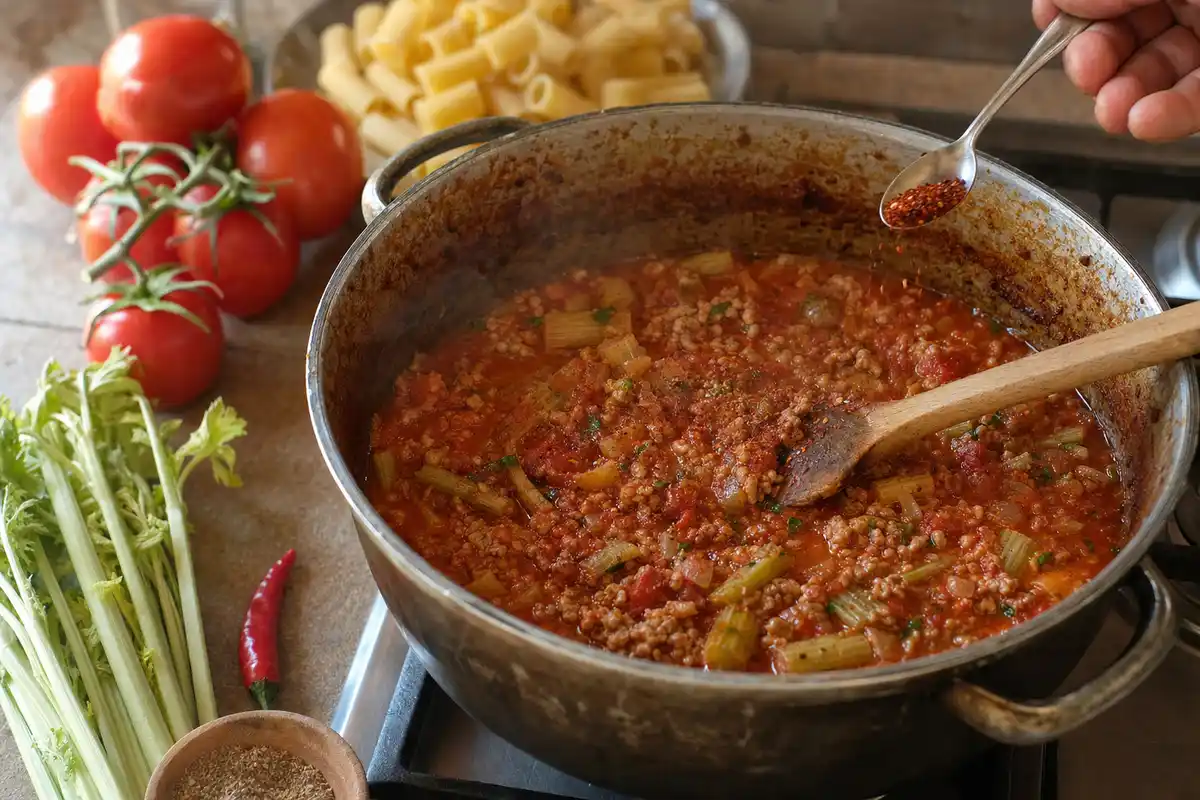 Pentola con sugo di pomodoro e carne macinata, con peperoncino in cucchiaino e rigatoni sullo sfondo