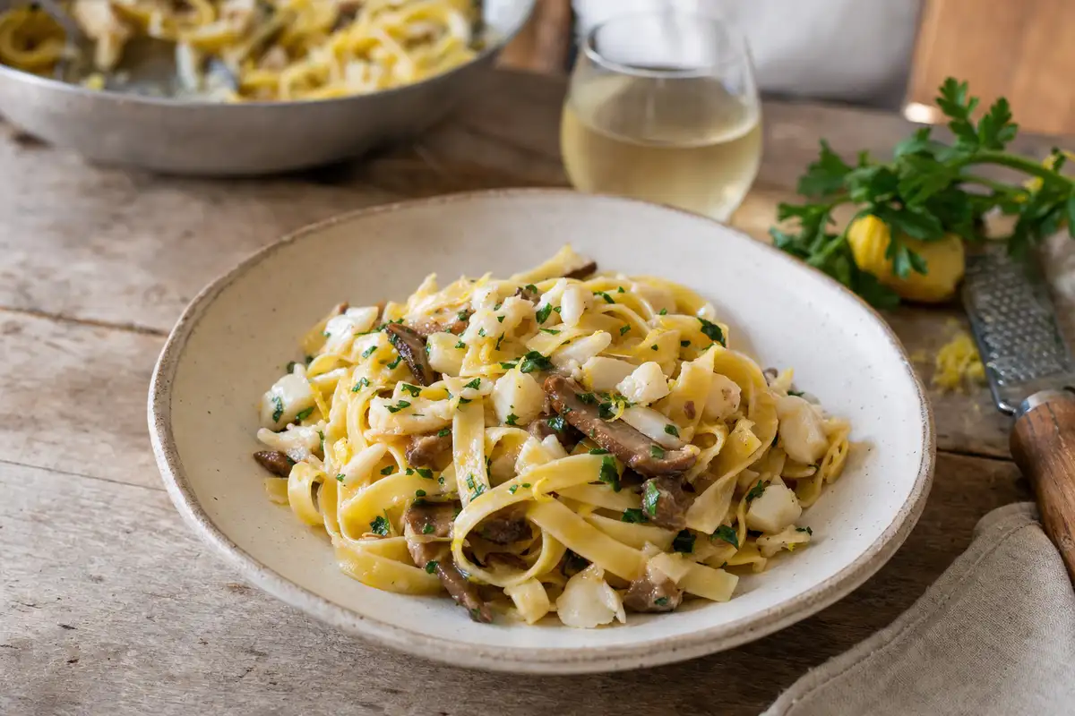 Piatto di tagliatelle con baccalà, funghi e prezzemolo su tavolo rustico, con limone e grattugia sullo sfondo