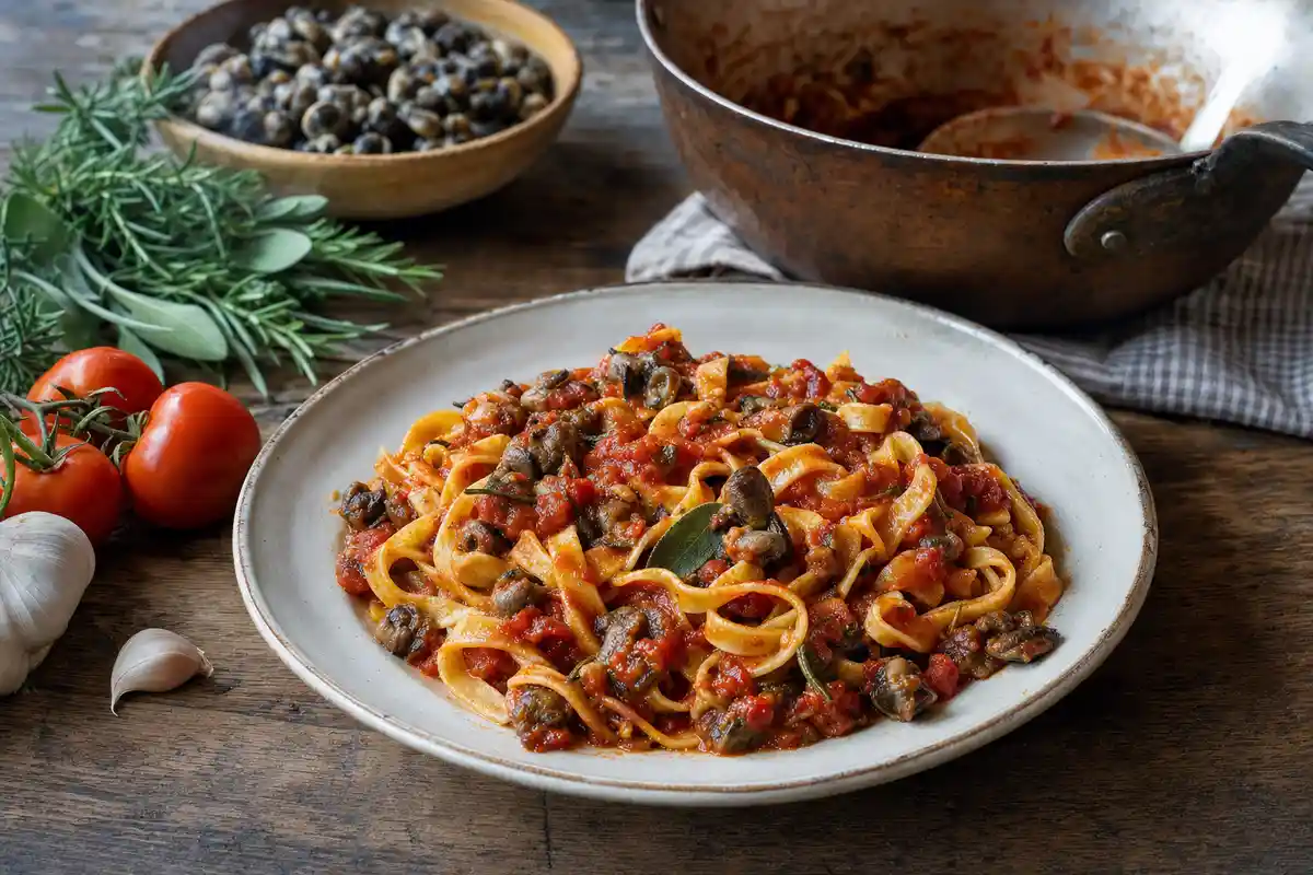 Piatto di tagliatelle al sugo di lumache con pomodoro ed erbe su tavolo rustico, con pentola e ingredienti sullo sfondo