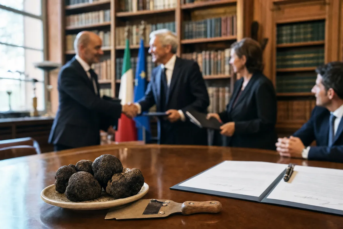 Tartufi neri su un piatto accanto a documenti firmati in una sala istituzionale, con funzionari che si stringono la mano