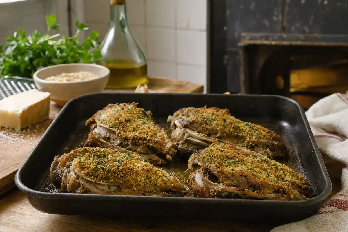 Testine di agnello al forno con panatura dorata alle erbe in teglia, su tavolo di legno con olio e pangrattato