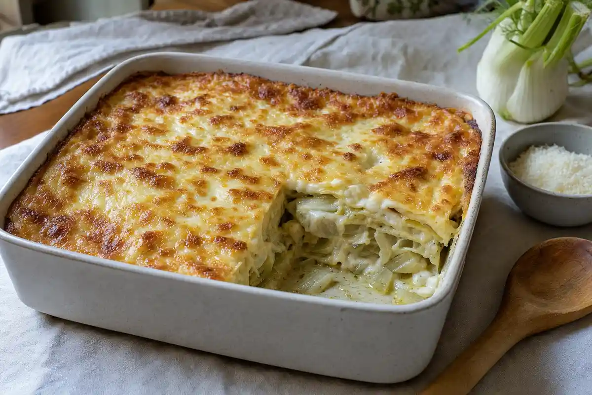 Timballo ai finocchi gratinato in teglia di ceramica con una porzione tagliata e strati visibili
