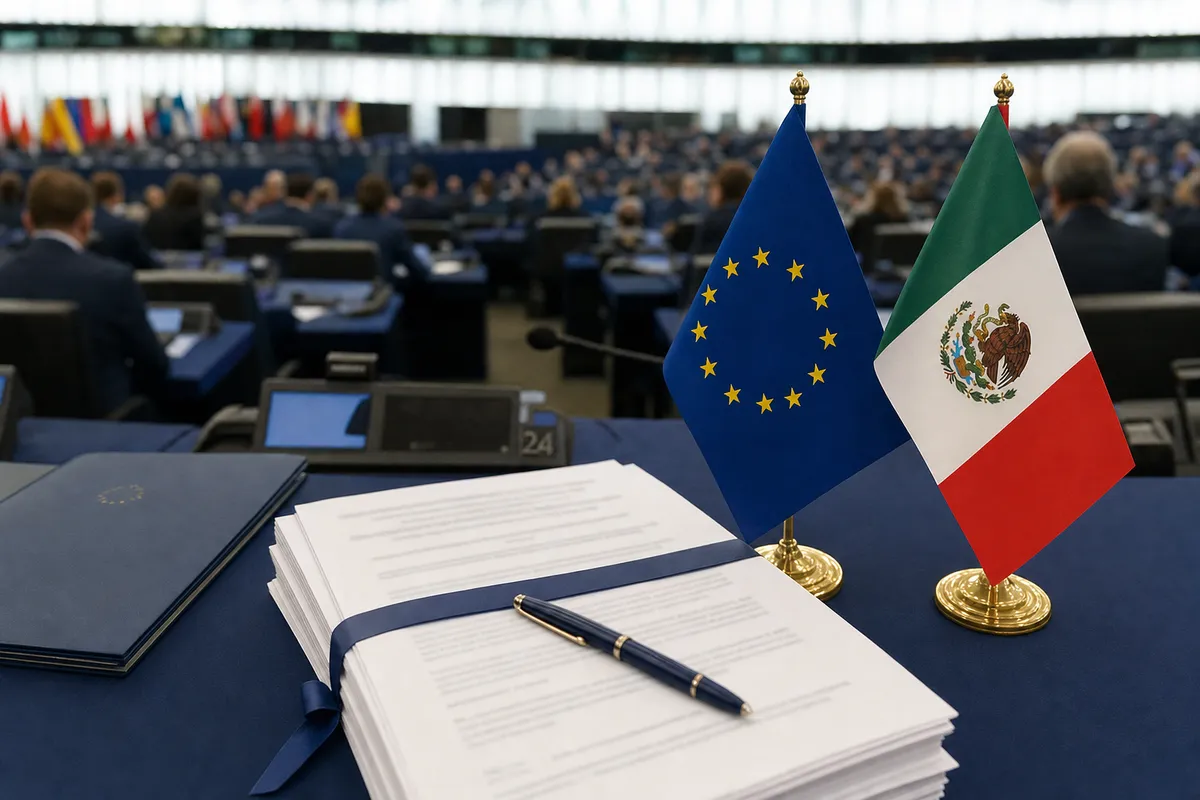 Bandierine di Unione europea e Messico accanto a documenti su un tavolo, con aula parlamentare sfocata sullo sfondo