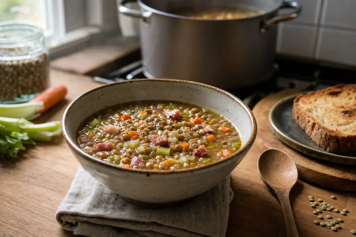 Ciotola di zuppa di lenticchie con pancetta e verdure su tavolo in cucina, con pane tostato e pentola sullo sfondo