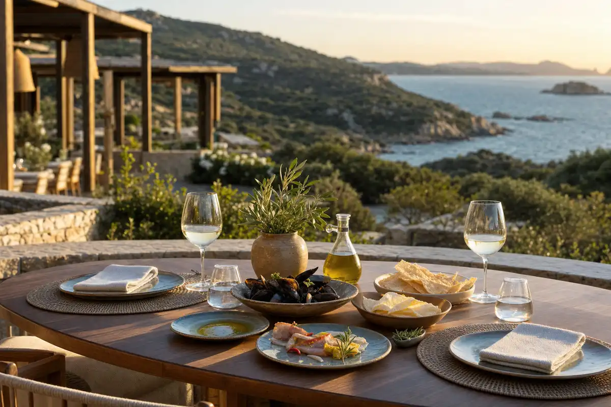 Tavolo apparecchiato con pesce, pane carasau, olio e calici di vino su terrazza con vista mare al tramonto