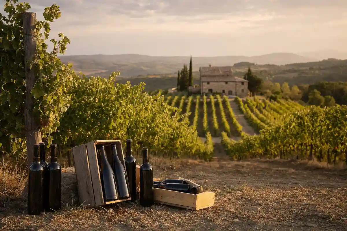 Vigneto al tramonto con filari in prospettiva, una casa in pietra sullo sfondo e bottiglie di vino in casse di legno