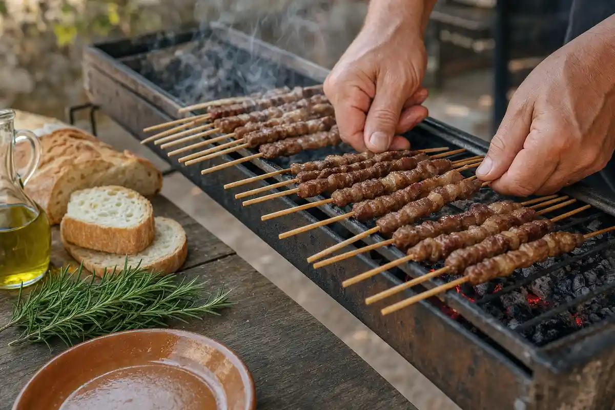 Mani che girano arrosticini su una fornacella con brace accesa, pane, olio extravergine e rosmarino
