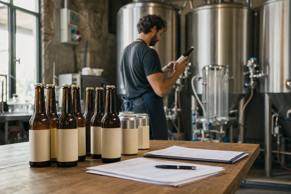 Bottiglie e lattine di birra senza marchio su un tavolo, con documenti, in un microbirrificio con serbatoi sullo sfondo