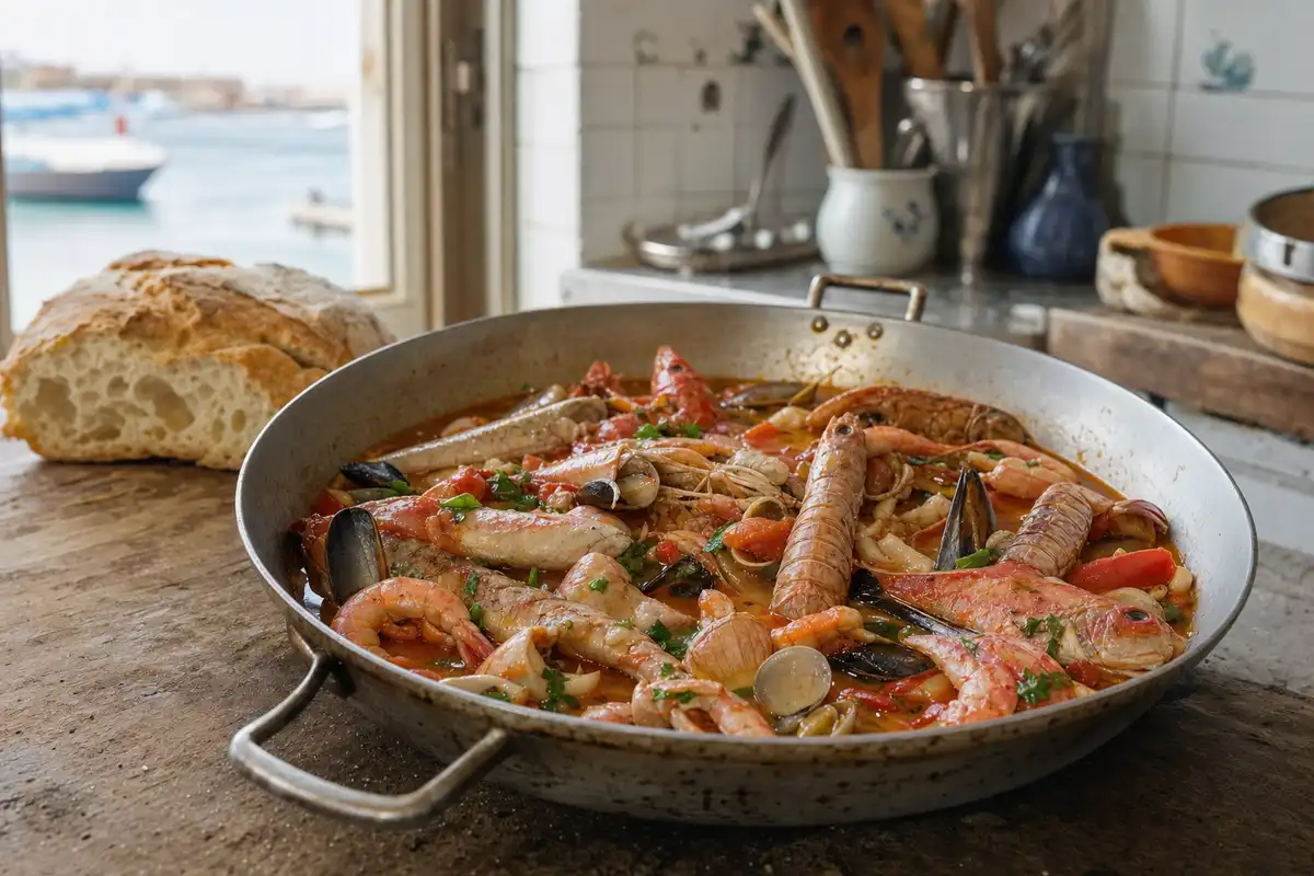Padella di brodo di pesce con gamberi, pesci interi e pomodoro su tavolo rustico vicino a una finestra sul mare
