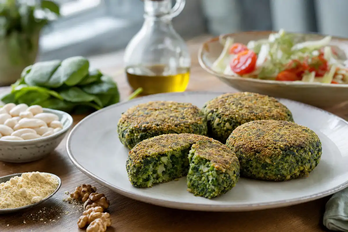 Quattro burger di spinaci su un piatto, uno tagliato a metà, con olio d’oliva, cannellini e insalata sullo sfondo