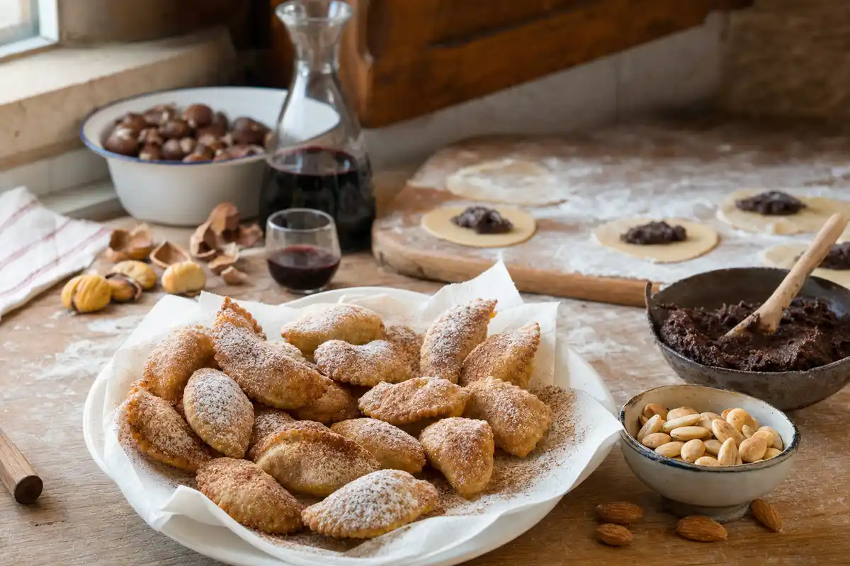 Caggionetti fritti spolverati di zucchero e cannella su piatto, con castagne, mandorle e ripieno scuro sul tavolo