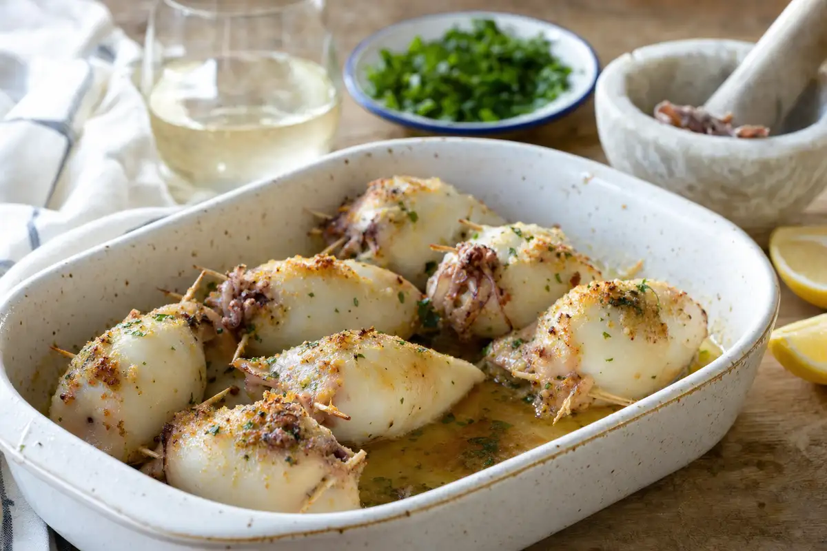 Calamari ripieni al forno in teglia con sugo d’olio e vino bianco, prezzemolo e pangrattato