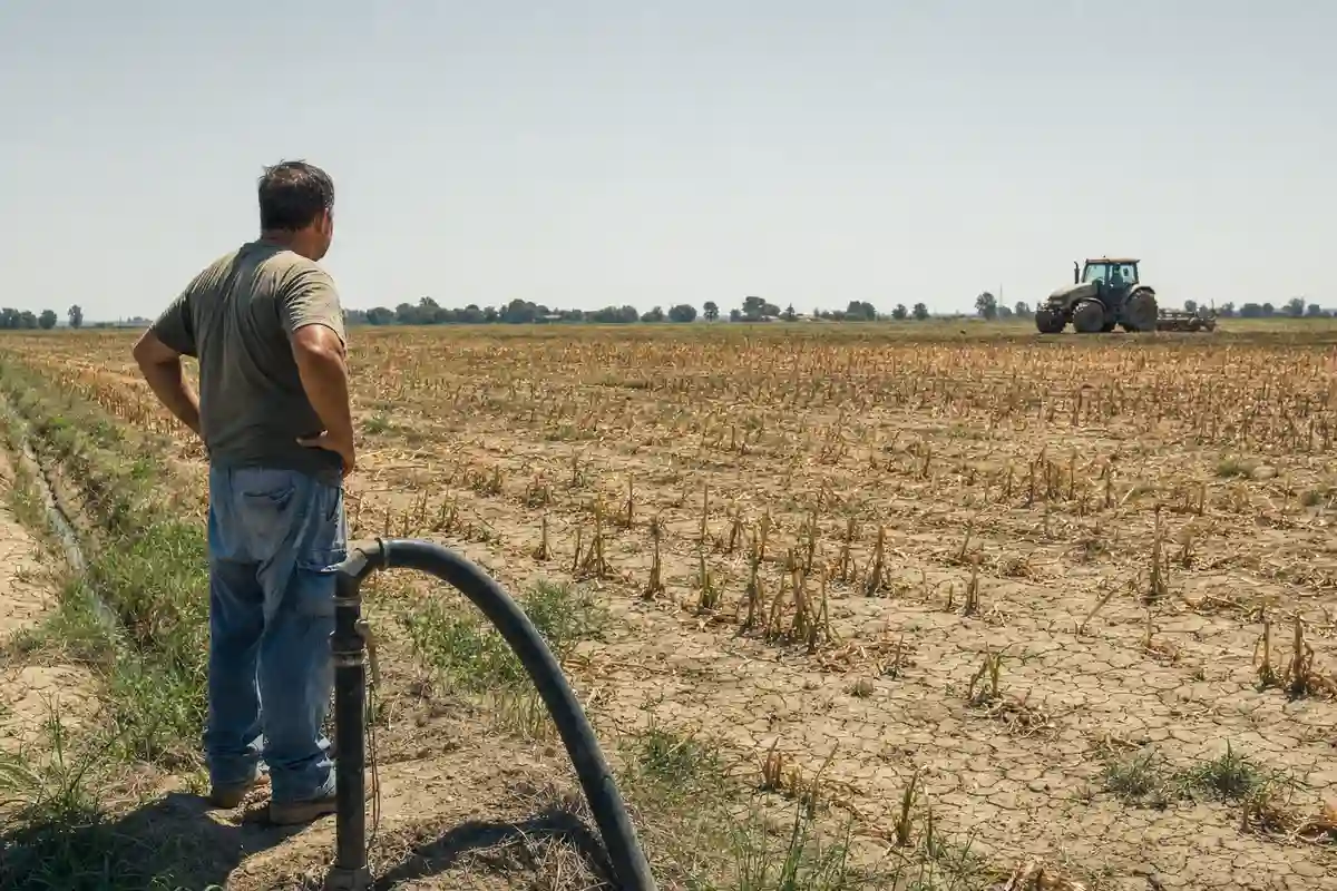 Agricoltore osserva un campo arido e screpolato con tubo d’irrigazione, trattore sullo sfondo