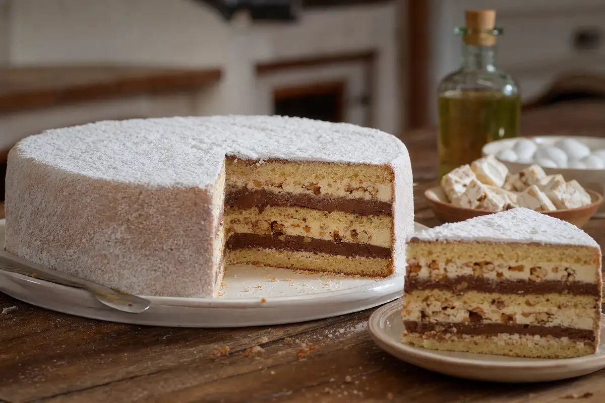 Cassata sulmonese a strati con zucchero a velo, con una fetta servita accanto su piatto