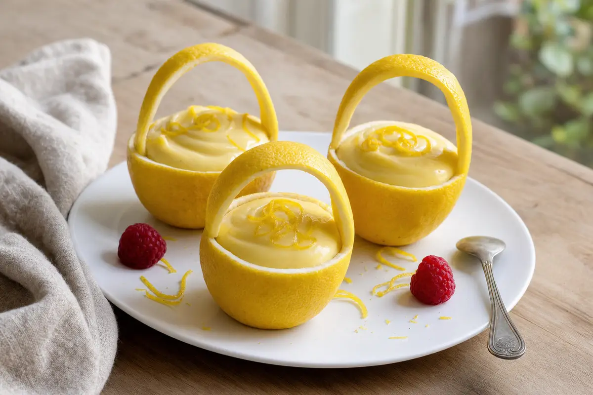 Tre cestini di limone con crema al limone su piatto bianco, con lamponi, scorza grattugiata e cucchiaino
