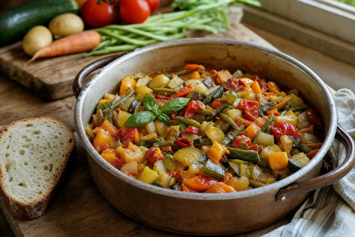Pentola con ciabotta di verdure estive e basilico, con fetta di pane rustico su tavolo di legno