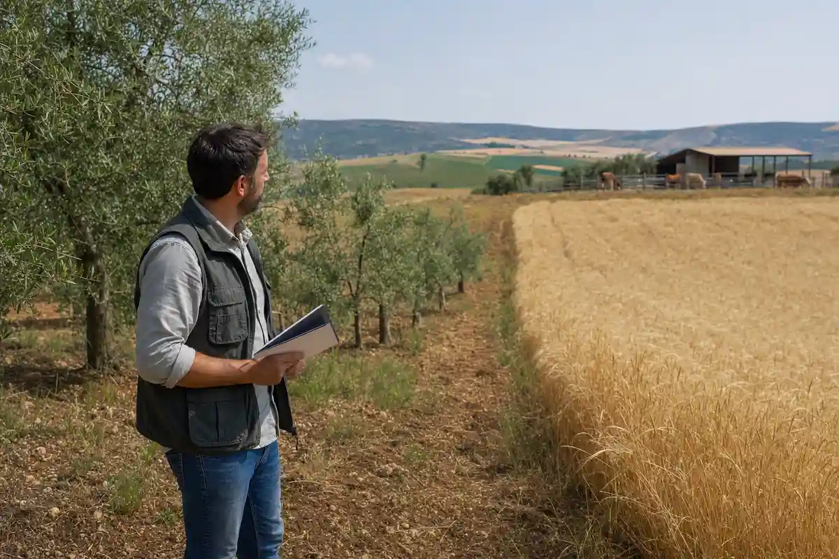 Agricoltore con documenti tra ulivi e campo di grano, con stalla e bovini sullo sfondo