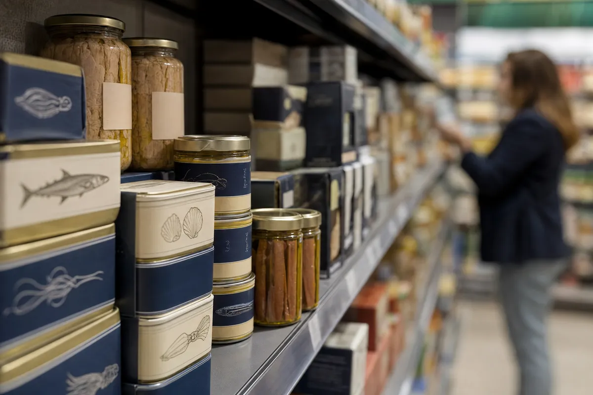 Scaffale di supermercato con lattine e vasetti di conserve di pesce premium, con cliente sfocato sullo sfondo