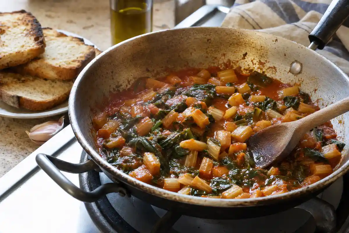 Padella con coste di bietola e foglie verdi nel sugo di pomodoro, con cucchiaio di legno e pane tostato