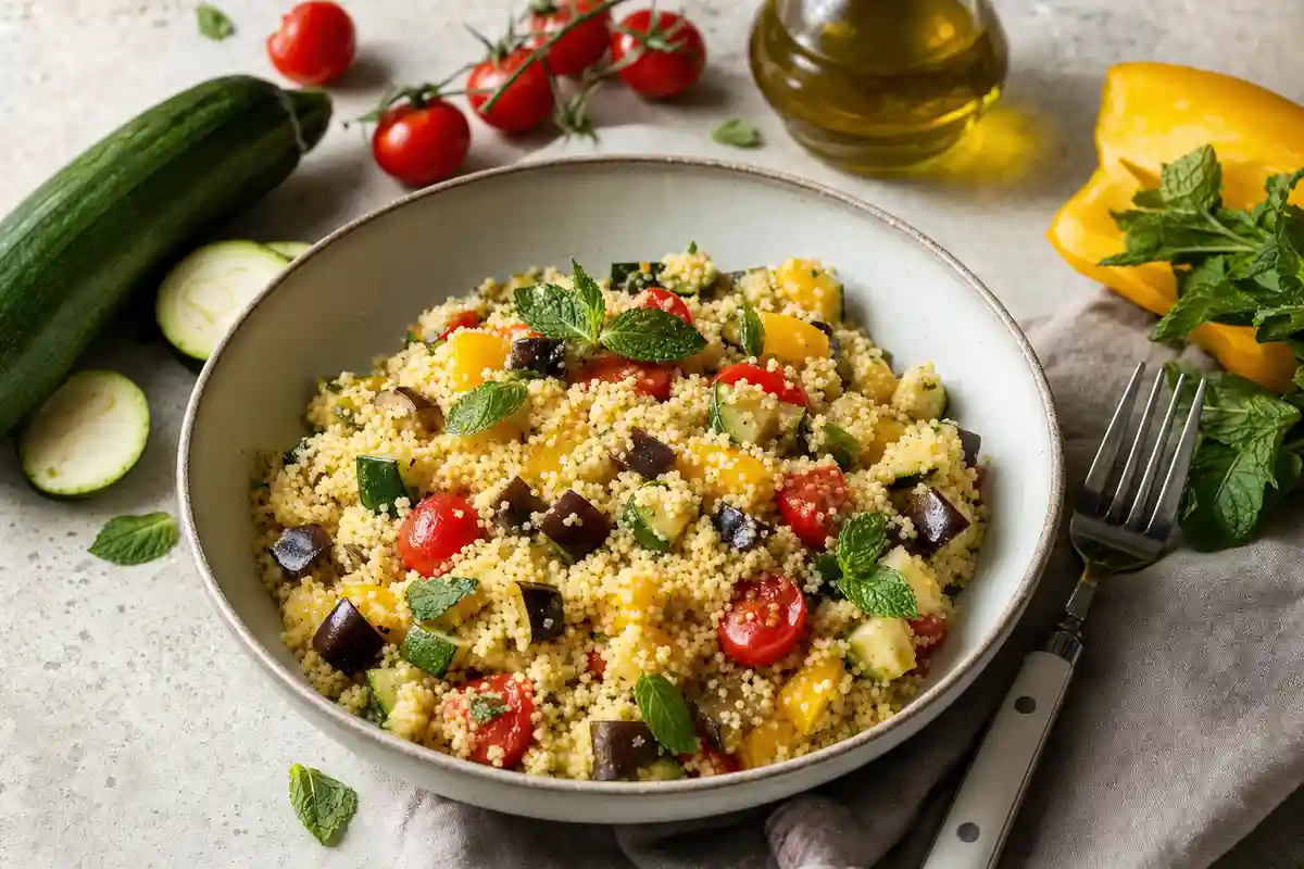 Ciotola di cous cous con zucchine, melanzane, peperone giallo, pomodorini e foglie di menta, con forchetta accanto