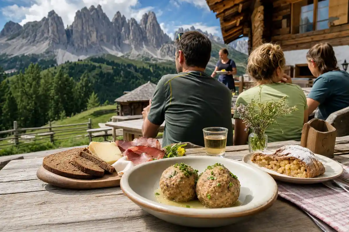 Tavolo in legno con canederli, pane di segale, speck, formaggio e strudel su terrazza con vista sulle Dolomiti