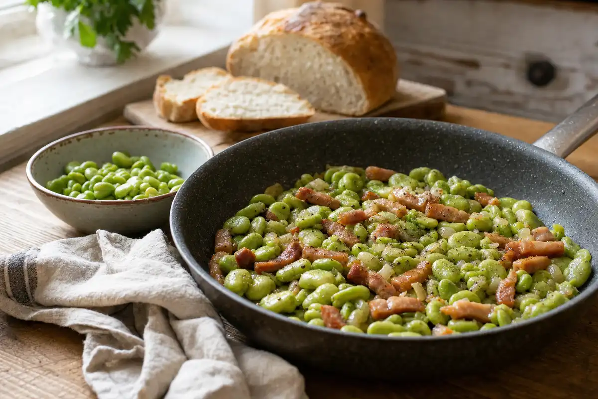 Padella di fave con guanciale e cipolla su tavolo di legno, con pane rustico e ciotola di fave a lato