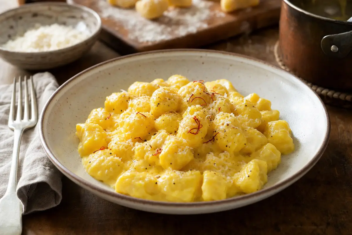 Piatto di gnocchi di patate con crema gialla allo zafferano, Parmigiano grattugiato e pepe nero