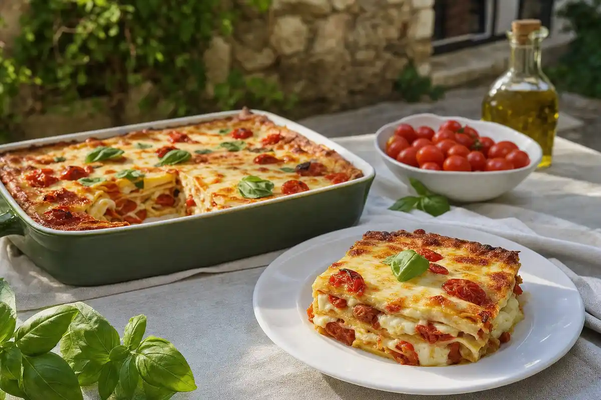 Fetta di lasagna vegetariana con pomodorini confit e basilico su piatto bianco, con teglia sullo sfondo