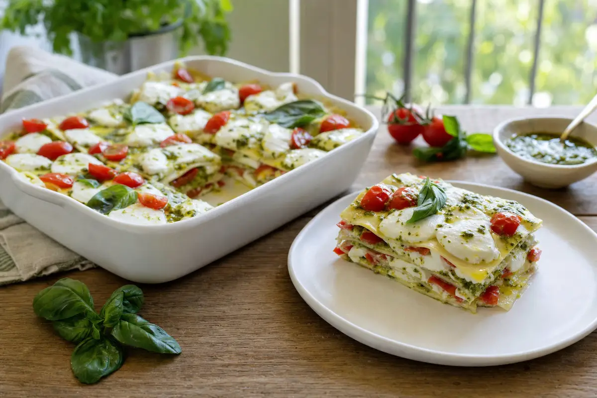 Lasagne estive senza forno con pesto, mozzarella e pomodorini, con una porzione servita su piatto