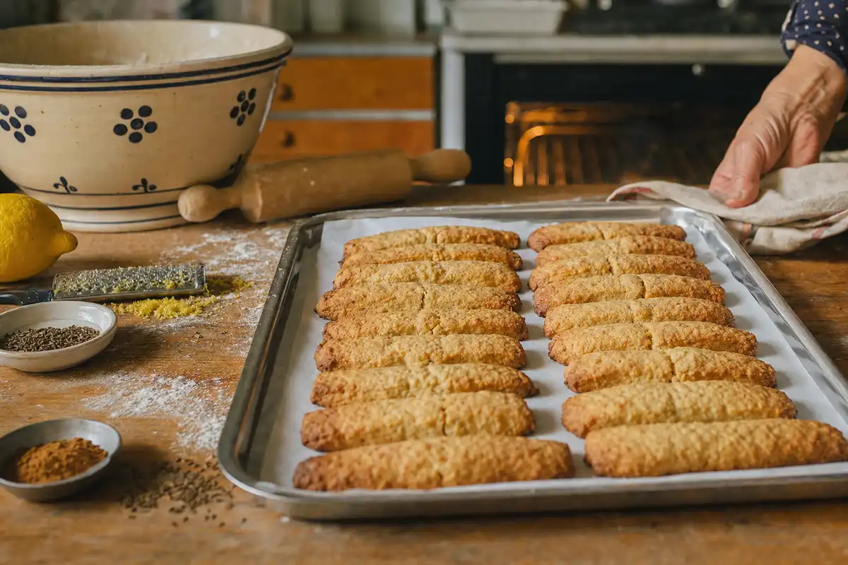 Biscotti rustici dorati a strisce su teglia con carta forno, su tavolo infarinato con limone e spezie