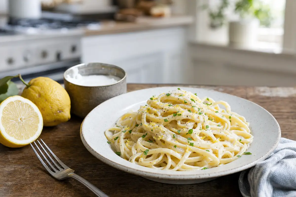 Piatto di linguine cremose con scorza di limone, prezzemolo e pepe su tavolo di legno con limoni e forchetta