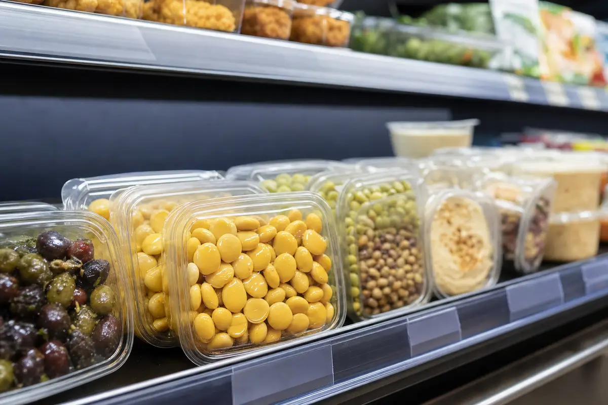 Confezioni trasparenti di lupini gialli in salamoia su uno scaffale refrigerato del supermercato