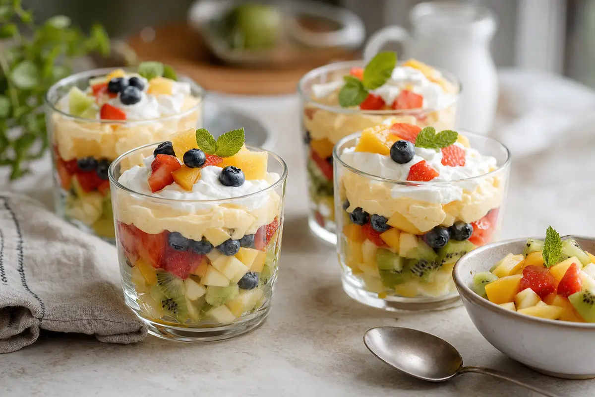 Quattro coppette di macedonia a strati con crema e panna, decorate con frutta fresca e menta