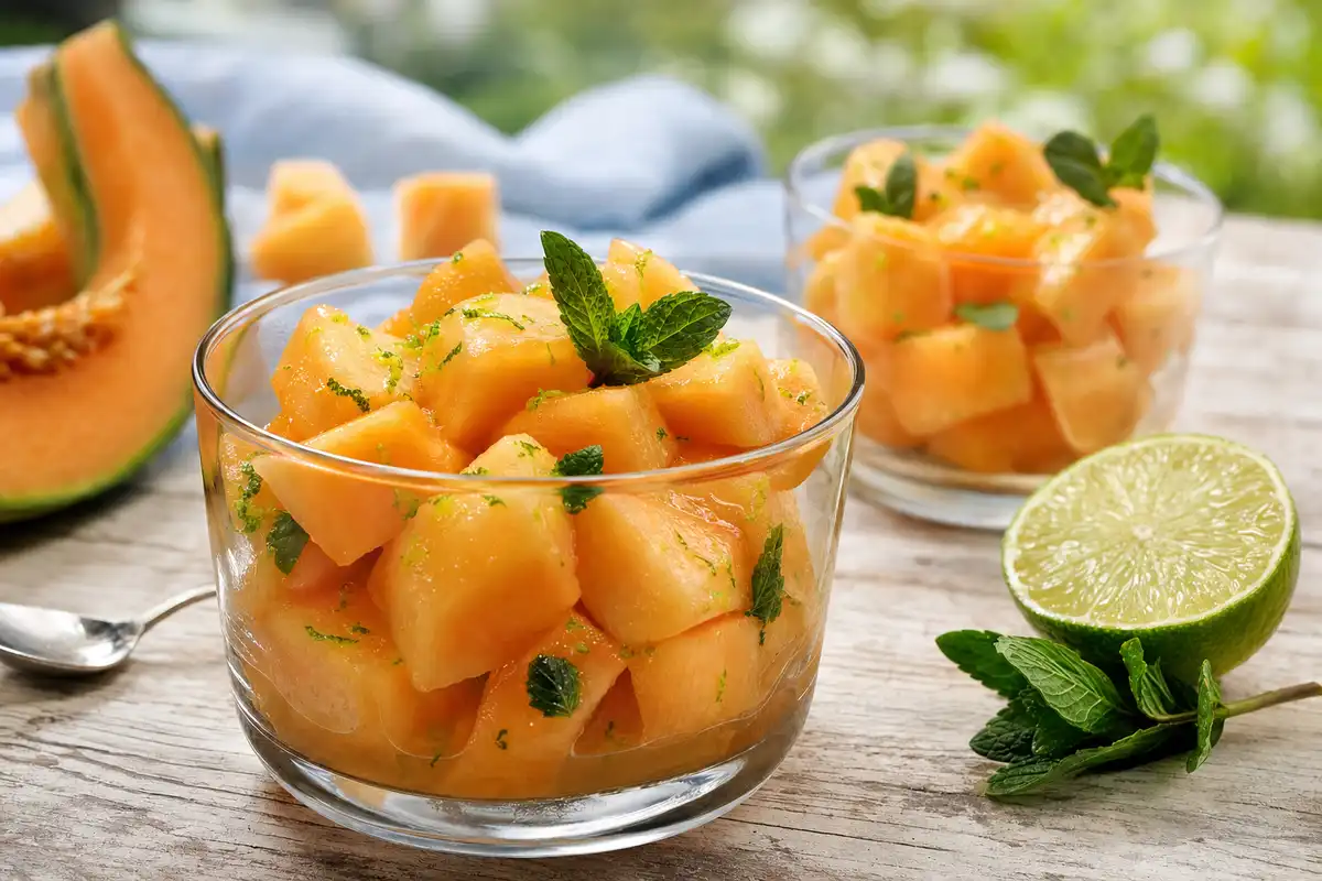 Coppette di vetro con melone a cubetti, menta e scorza di lime su tavolo di legno, con mezzo lime e spicchio di melone