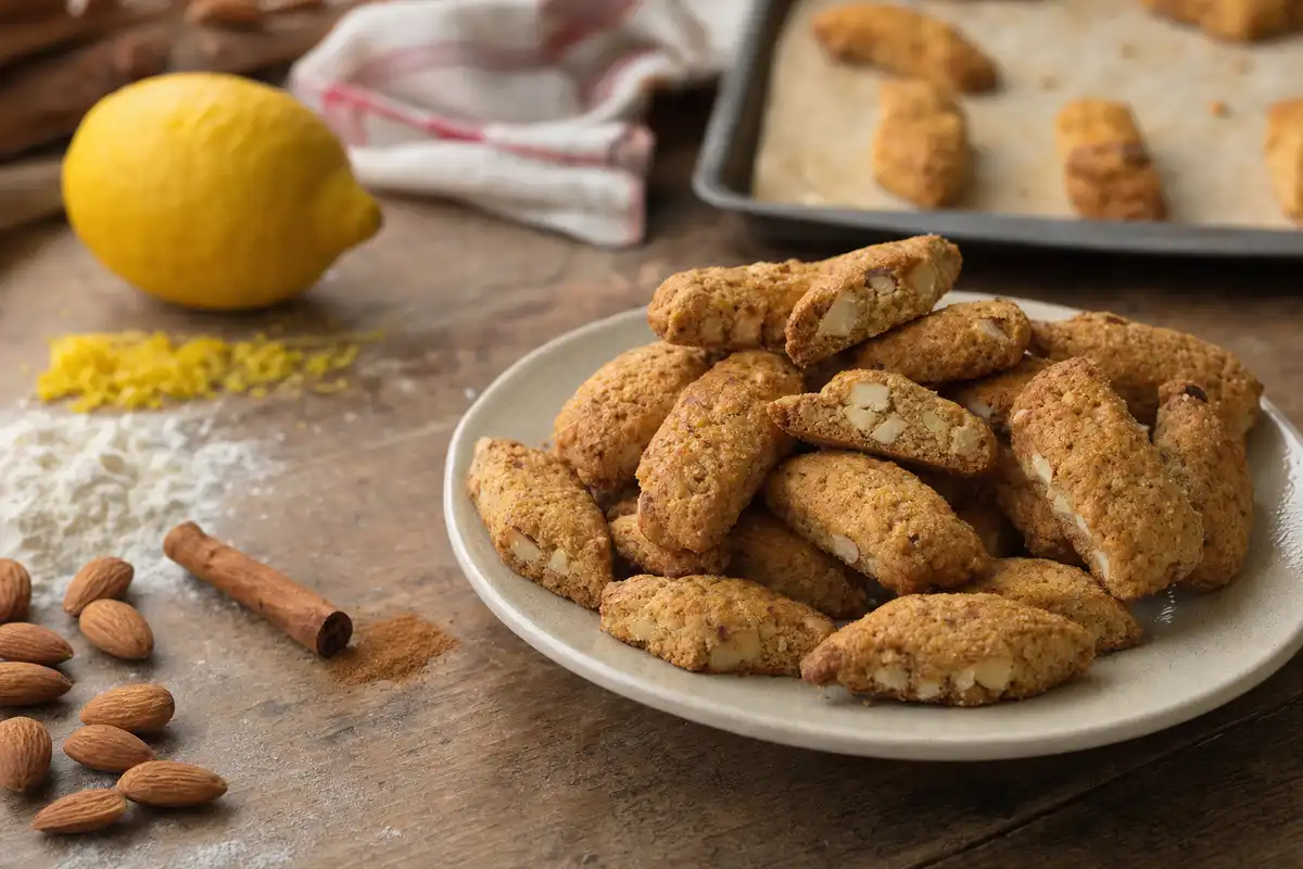 Piatto di mostaccioli abruzzesi alle mandorle su tavolo rustico con limone, cannella e farina