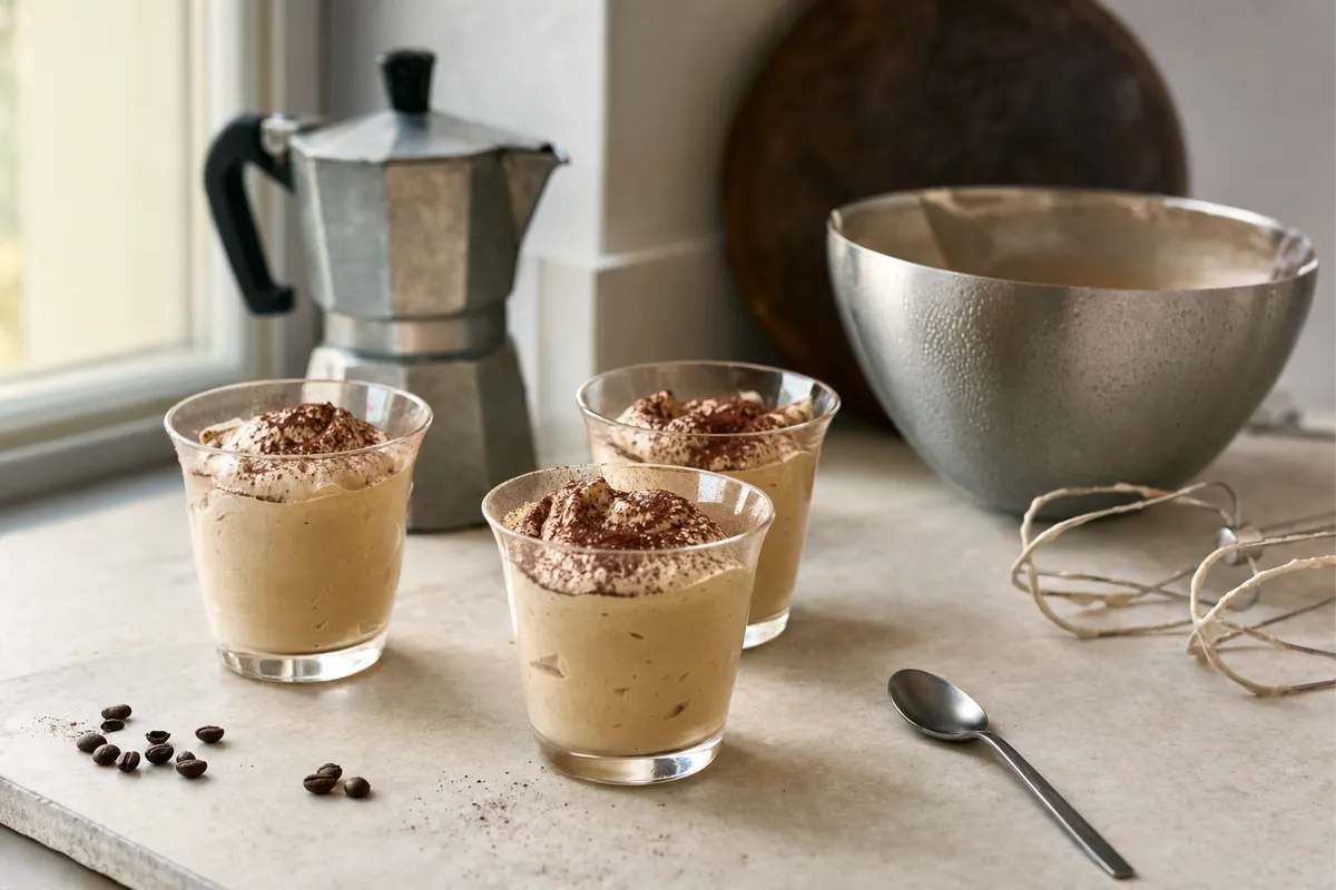 Tre bicchierini di mousse al caffè con cacao, moka sullo sfondo e ciotola metallica fredda con fruste