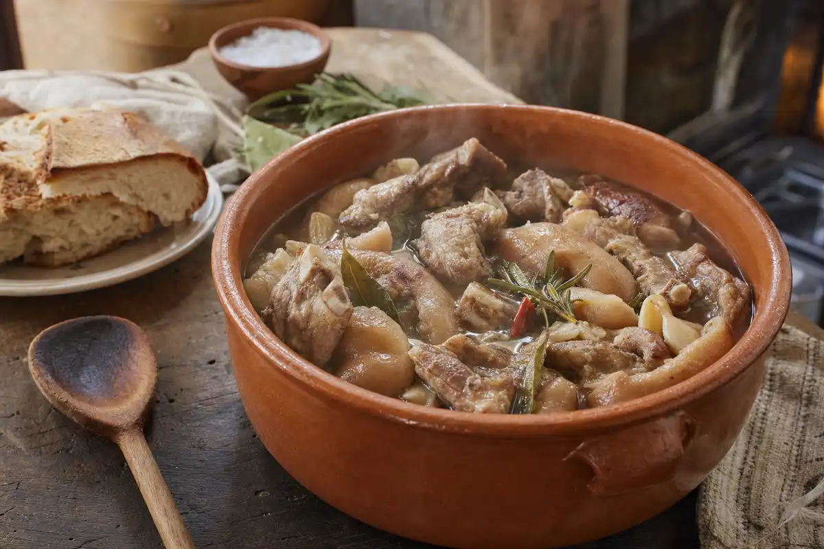 Pentola di terracotta con stufato di maiale in brodo, alloro e rosmarino, con pane rustico e cucchiaio di legno
