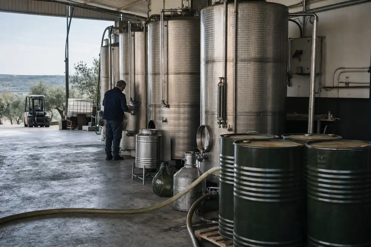 Silos in acciaio e fusti in un frantoio oleario, con un operaio che controlla una valvola