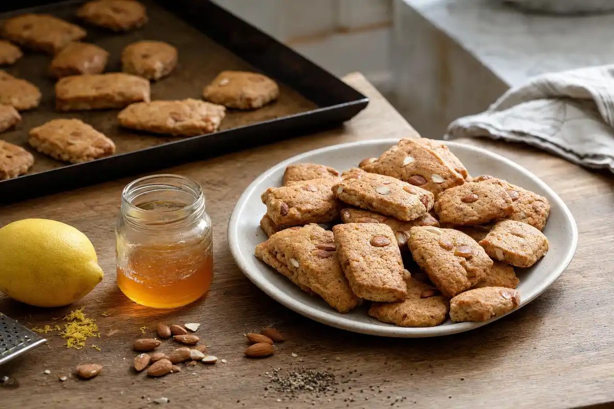 Biscotti papatilli al miele e mandorle su piatto di ceramica, con vasetto di miele, limone e mandorle sul tavolo