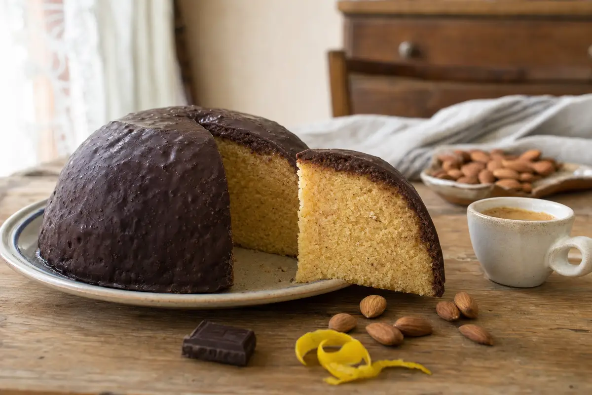 Parrozzo a cupola ricoperto di cioccolato con una fetta tagliata, mandorle e tazzina di caffè sul tavolo