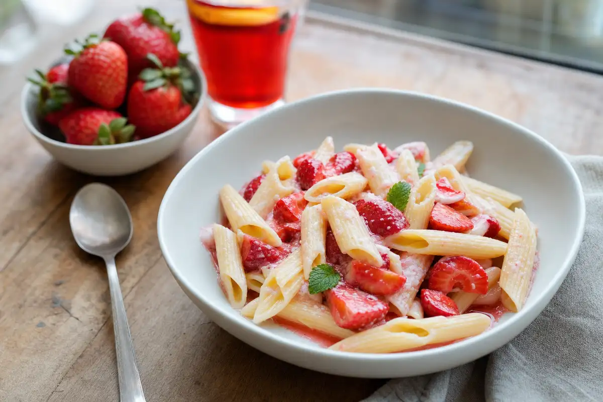 Ciotola di penne con fragole fresche e yogurt cremoso, con menta, su tavolo di legno