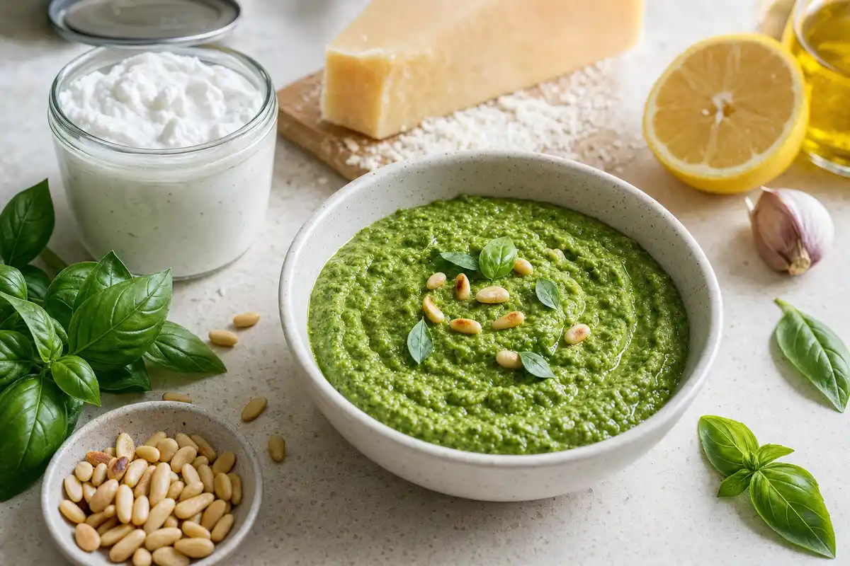 Ciotola di pesto verde cremoso con foglie di basilico e pinoli, accanto a latte di cocco, Parmigiano e limone