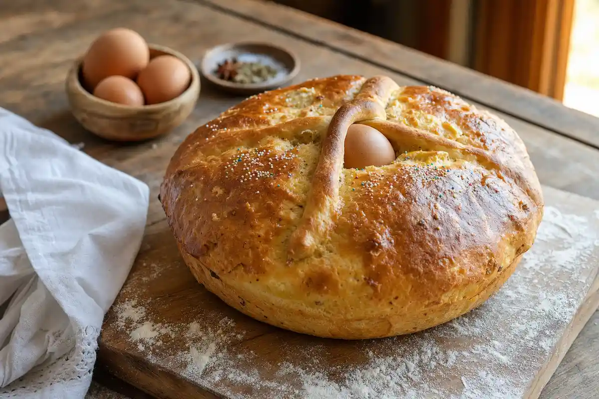 Pizza di Pasqua dolce con uovo al centro e croce di pasta, su tagliere infarinato