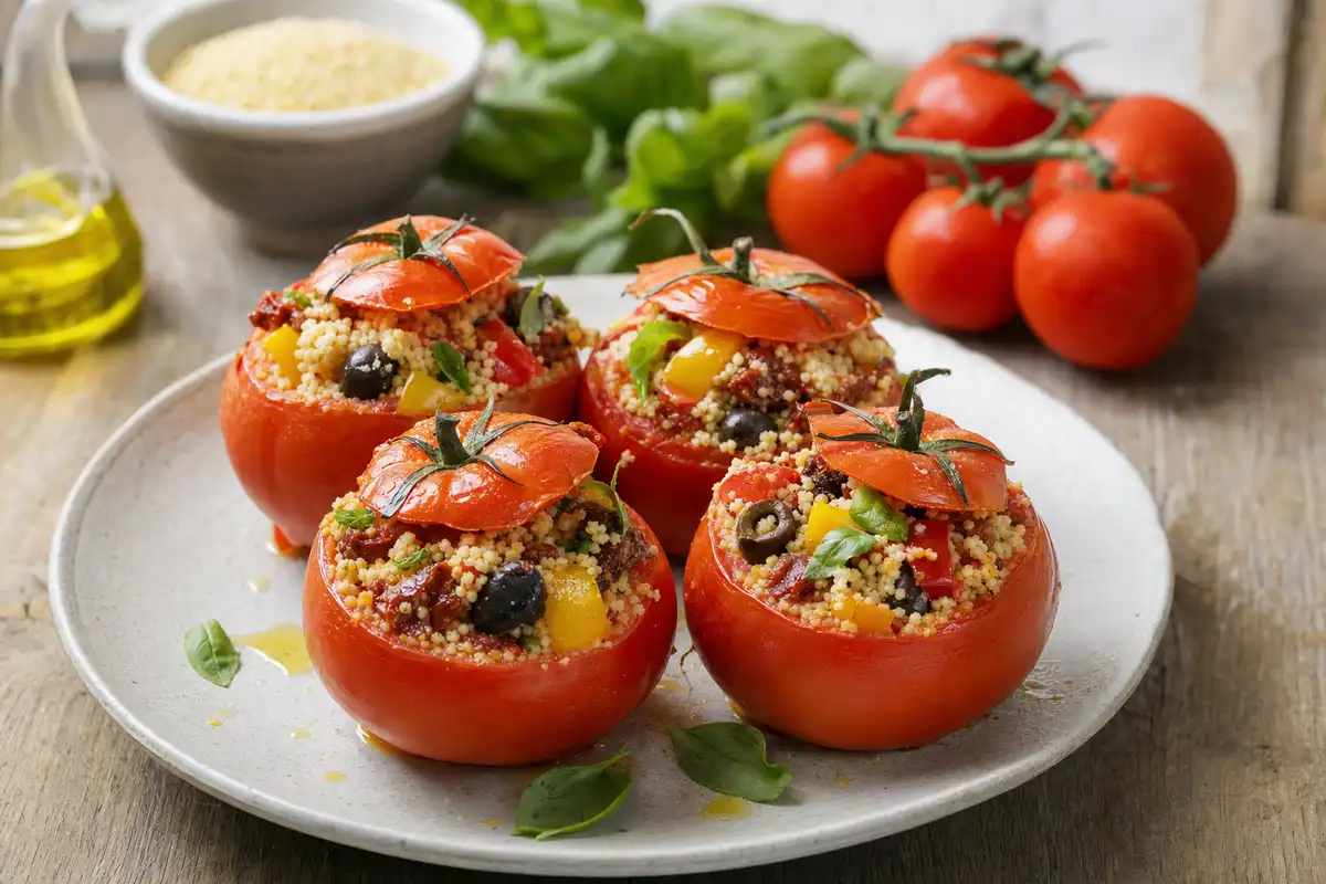 Quattro pomodori ripieni di cous cous con olive, peperoni e basilico su un piatto, con ingredienti sullo sfondo