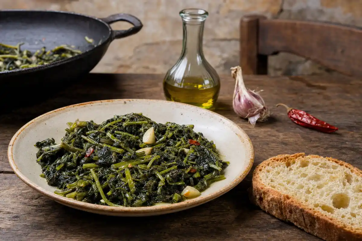 Piatto di rape strascinate con aglio e peperoncino, con fetta di pane rustico su tavolo di legno