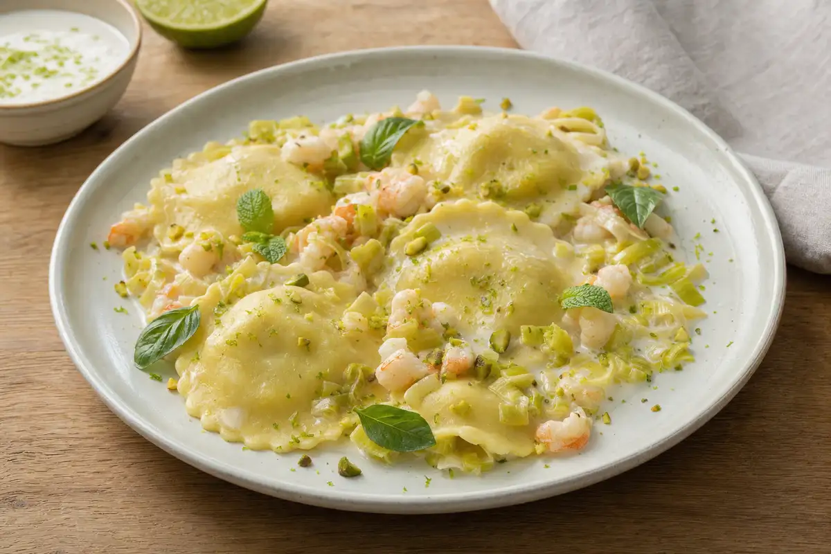 Ravioli al cocco in salsa di latte di cocco con mazzancolle, porro, basilico, menta e pistacchi