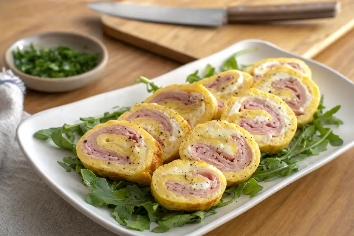 Fette di rotolo di frittata con formaggio e mortadella su letto di rucola in un piatto rettangolare