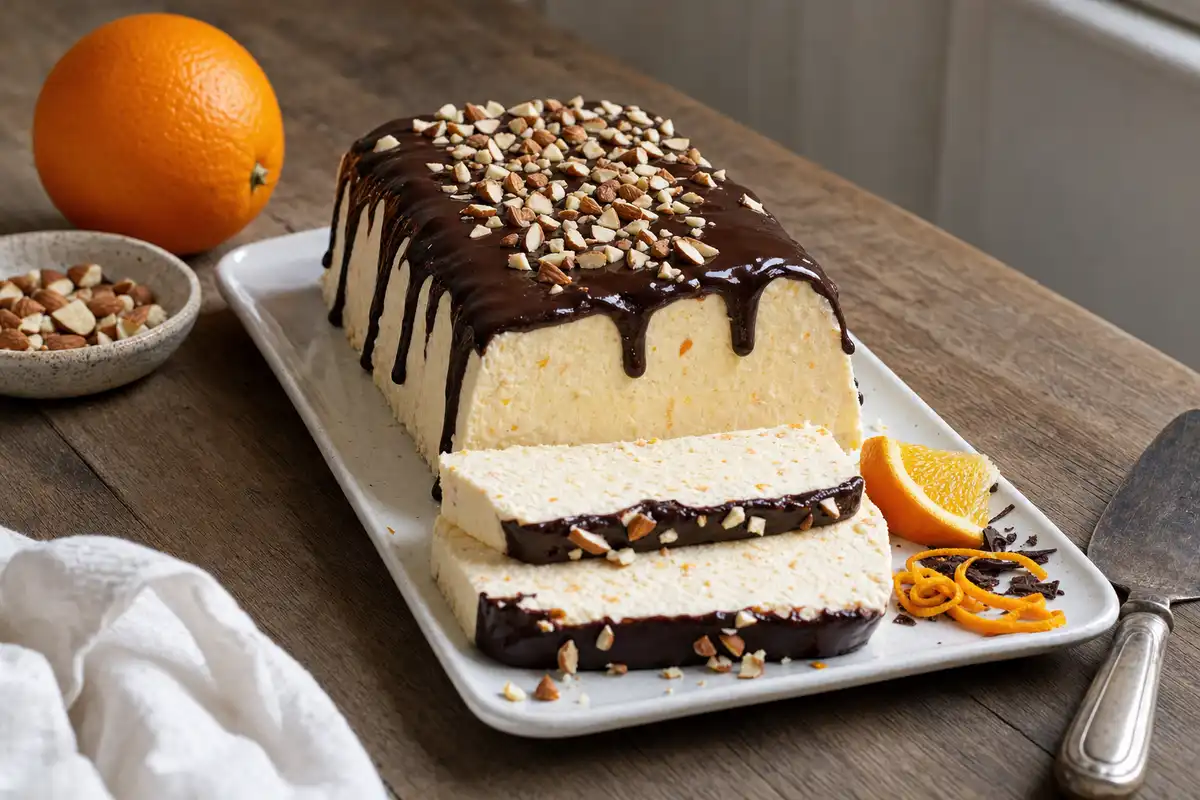 Semifreddo all’arancia a mattonella con copertura di cioccolato fondente, mandorle tritate e fette sul piatto
